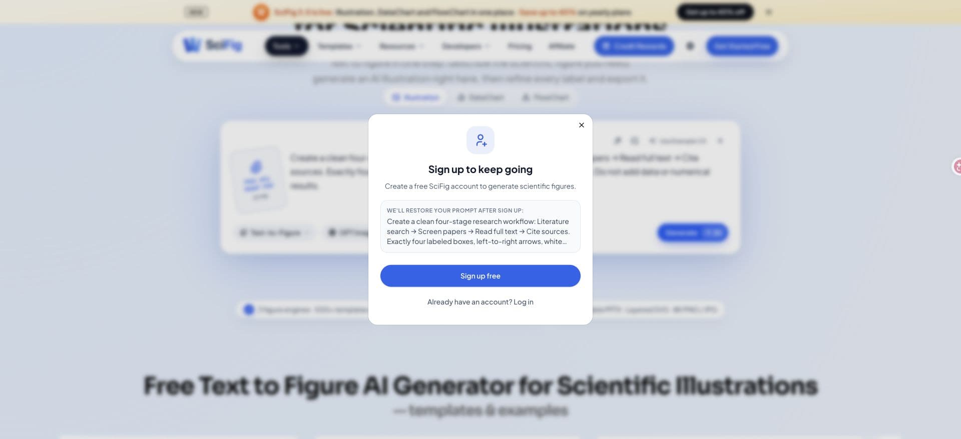 SciFig actual result: sign up to generate; the test prompt is retained in the dialog.